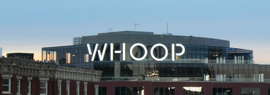 a large building with a sign on it